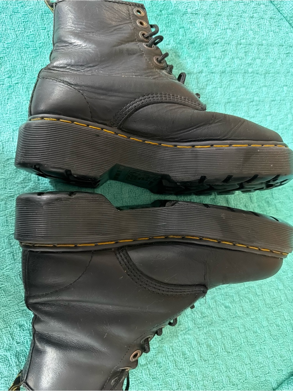 Dr. Martens Black Leather Lace-Up Boots with Yellow Welt Stitching — need insole